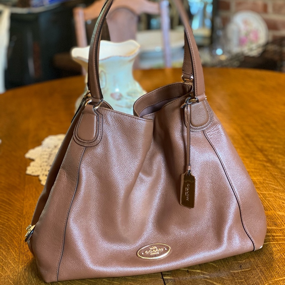 Brown coach purse with duster and box